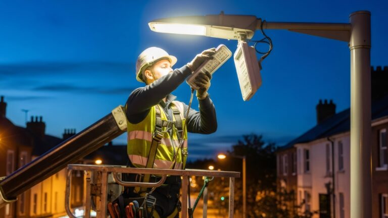 Street light technician installs new LED lamp on pole using cher https://obb.pl/wp-content/uploads/2026/08/AdobeStock_1678567228-768x432.jpeg