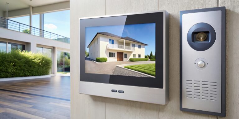 Modern intercom system featuring a sleek display screen and outdoor camera, enhancing home security and communication. Ideal for contemporary residences.