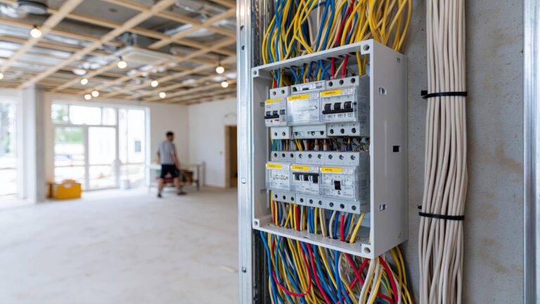 Electrical panel installation in a new home featuring tidy wiring and adherence to safety standards. Electrical panel installation in a new home featuring tidy wiring and adherence to safety standards.